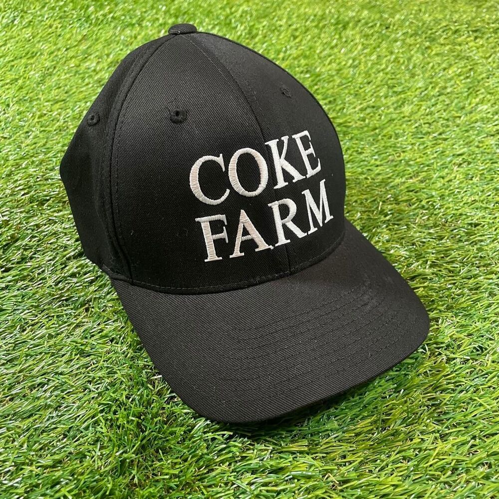 Coke Farm black baseball cap with white embroidered funny text